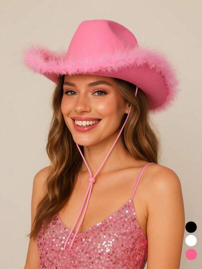 2/3/6 st. rosa cowboyhatt för svensexa med fjäderdekoration, alla hjärtans dag-hatt, balhattar, musikfestival, år 2000-stil, för karneval, lämplig för födelsedag, bröllop, svensexa, brud, present till förlovning
