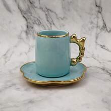 125ml Ceramic Coffee Cup & Saucer Set, Gold Bow Decor, Household Party Gift, Suitable For Drinking Coffee, Tea, Afternoon Tea, Electroplated In Various Colors