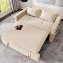 55 Convertible Sofa Bed 3in1 Sleeper Sofa With PullOut Bed Velvet Futon Couch With Adjustable Backrest And Side Pocket Modern Loveseat For Living Room Apartment Beige - 米色 - 查看 1