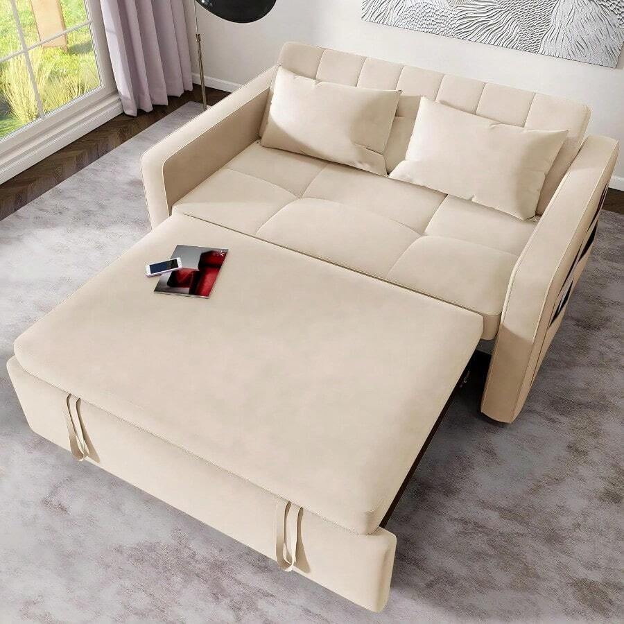 55 Convertible Sofa Bed 3in1 Sleeper Sofa With PullOut Bed Velvet Futon Couch With Adjustable Backrest And Side Pocket Modern Loveseat For Living Room Apartment Beige - 米色 - 查看 1