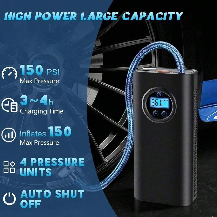 Compresor de aire portátil - Accesorios para automóvil, inflador de neumáticos recargable con pantalla digital de presión, bomba de aire eléctrica. Batería de ión de litio de 7.4V 1500mAh, material ABS duradero, inflador de neumáticos mini adecuado para automóviles/motocicletas. Negro. Regalo esencial para el automóvil.