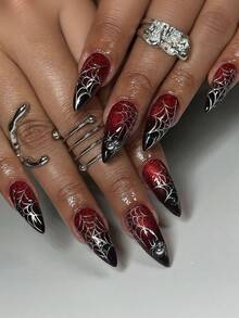 VV MEI JIA ER 24 móng tay giả hình hạnh nhân chủ đề Halloween, dụng cụ làm móng nghệ thuật kinh dị, các mẫu Halloween (Ma, Phù thủy, Ma cà rồng, Máu, Mạng nhện) + 1 lọ gel dẻo + 1 dũa móng - Đỏ - Xem 2