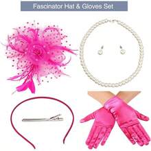 Ibeauti Fascinator Hats With Screentouch Lace Gloves Set Women Tea Party Cocktail Wedding Derby Headwear Short Gloves - 02 Hot Pink - 查看 3