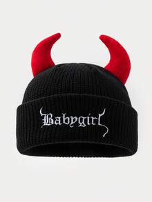 1pc High Quality 85g Large Circumference Women's Fashion Solid Color "BABYGIRL" Embroidered Knit Hat With Horn Decor, Suitable For Halloween Outfit And Outings Winter Women - A - View 2