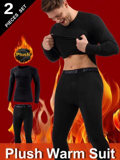 Men's Outdoor Thermal Underwear Set, Fleece Lined Thick Warm Base Layer Top And Bottom, Solid Color Long Sleeve Crew Neck Shirt And Pants, Suitable For Cold Weather Outdoor Activities Like Skiing In Autumn/Winter