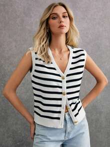 Cárdigan informal a rayas para mujer, diseño de escote en V sin mangas, rayas blancas y negras en colores contrastantes, combinado con botones exquisitos, el estilo general es simple y elegante. - Blanco - Ver 5