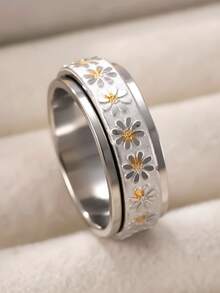 1pc Stainless Steel Daisy Flower Spin Ring, Stress Relief Design, Suitable For Men And Women, Daily Wear, Valentine's Day Gift - Silver - View 3