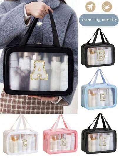 1 حقيبة أدوات تجميل شفافة من البولي يوريثان الأسود، حقيبة مكياج DIY بحروف، حقيبة أدوات تجميل محمولة مقاومة للماء، حقيبة سفر، حقيبة تخزين كبيرة السعة متعددة الوظائف شفافة من البي في سي لتخزين مستحضرات التجميل، حقيبة تخزين مستحضرات التجميل، حقيبة إكسسوارات السفر