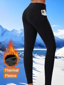 单件装保暖内衬压缩紧身裤，塑形提臀，柔软保暖，适合瑜伽、户外运动、骑行、跑步、室内健身，侧边口袋，秋冬季穿着。