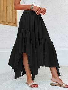 Womens Summer Boho Maxi Skirt Casual Asymmetric High-Low Hem Flowy Bohemia Long Skirt - màu đen - Xem 2