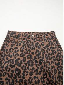 Leopard Print Frayed Side Slit Denim Midi Skirt - 棕色 - 查看 7