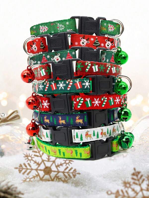 2pcs Color Festive Christmas Pet Collar For Dogs & Cats - Cute & Stylish With Bell Accessory!