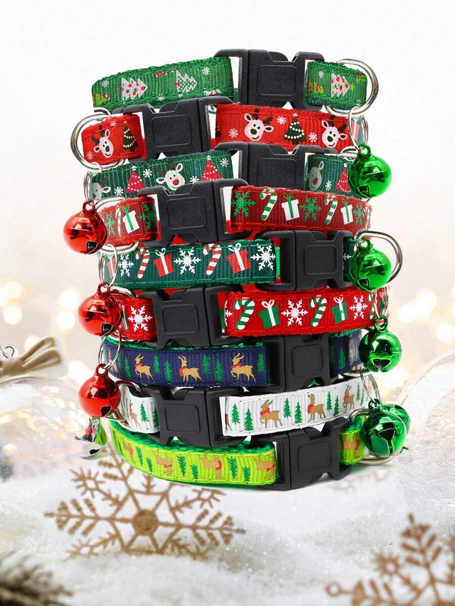 2pcs Color Festive Christmas Pet Collar For Dogs & Cats - Cute & Stylish With Bell Accessory!