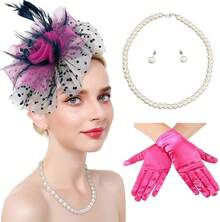 Ibeauti Fascinator Hats With Screentouch Lace Gloves Set Women Tea Party Cocktail Wedding Derby Headwear Short Gloves - 02 海軍藍/亮粉色 - 查看 1