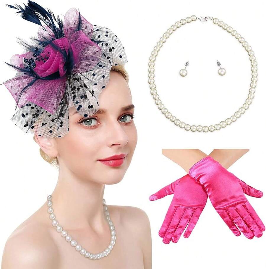Ibeauti Fascinator Hats With Screentouch Lace Gloves Set Women Tea Party Cocktail Wedding Derby Headwear Short Gloves - 02 海軍藍/亮粉色 - 查看 1