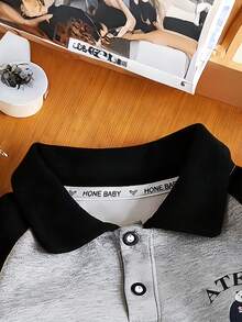 Nueva camisa de manga larga con cuello polo para primavera/otoño, camiseta gris de estilo superior para niños jóvenes con diseño de camisa de patchwork de moda - Gris - Ver 4