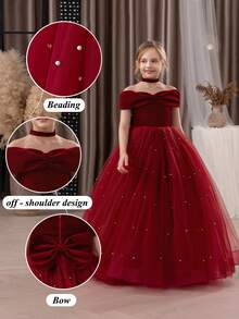 Tween Girl Christmas Dress Spaghetti Strap Bow Tulle Elegant Flower Girl Party Dress Princess Gown, Suitable For Girls Wedding, Party, Birthday, Communion, Special Occasions - 酒紅色 - 查看 9
