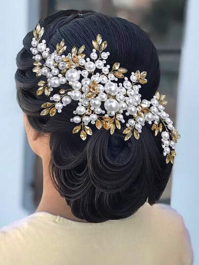 1pc Luxury Fashion Faux Pearl Bridal Wedding Hair Comb Headpiece, Wholesale Bridal Pearl & Rhinestone Hair Comb For Wedding Dress Photoshoot, European & American Style Valentine's Day Accessories