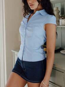 Women Y2k Button Down Shirt Top Tie Back Blouse Cap Sleeve Lapel Ruched Front Slim Fit T Shirts Crop Tops Summer Casual Going Out Tops Vintage Aesthetic Clothes Retro Blouse Streetwear - 藍色 - 查看 4