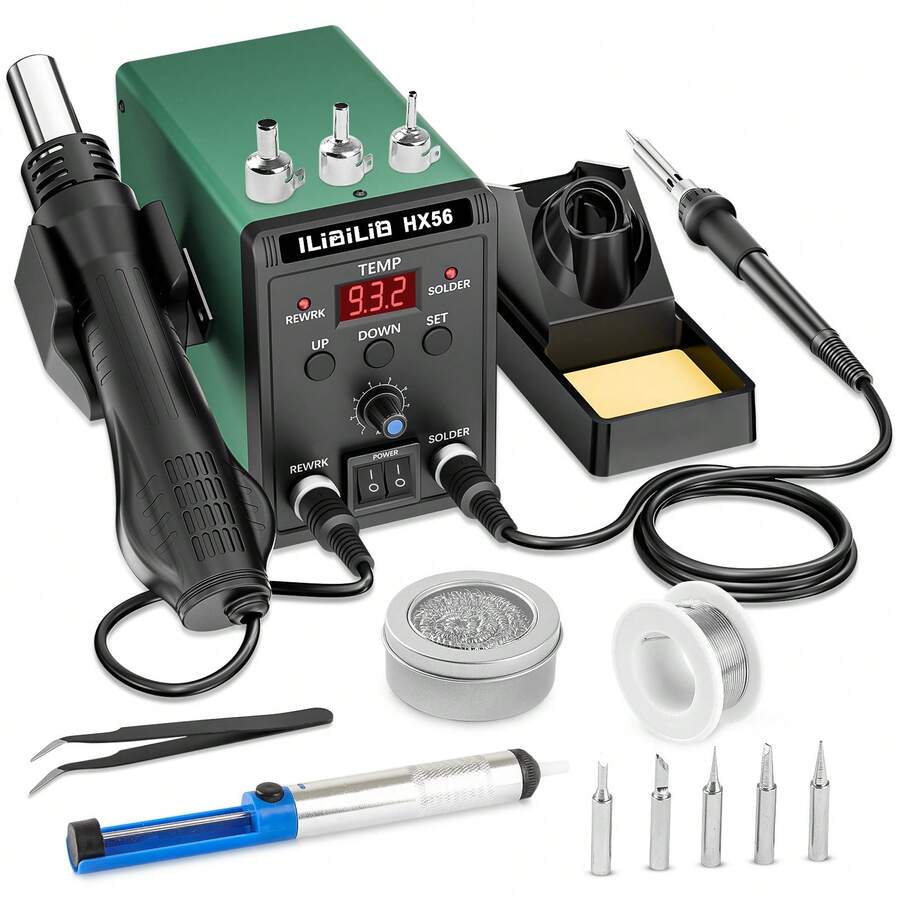ILIBILIB 700W 2 In 1 Hot Air Gun Soldering Iron Kitwith LED Digital Display, Fast Heating To 500°C (932°F), Auto Sleep Mode, °C/°F Conversion, Heavy-Duty Construction - For Electronics Repair, PCB, DIY Projects - UK Plug(220-240V) - View 1