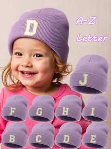 1 Pieza Gorro de Punto para Niños con Patrón de 26 Letras, Gorro de Punto de unicolor, Sombreros para Niñas, Gorros Cálidos para Exteriores, Otoño/Invierno