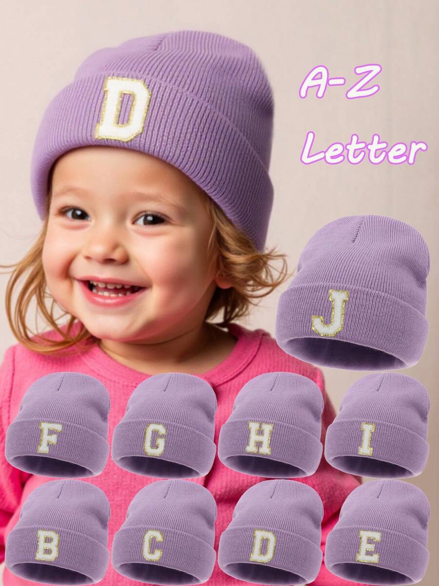 1 Pieza Gorro de Punto para Niños con Patrón de 26 Letras, Gorro de Punto de unicolor, Sombreros para Niñas, Gorros Cálidos para Exteriores, Otoño/Invierno