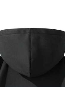 男士羊毛连帽保暖连帽衫，简约纯色，松紧袖口，经典纽扣设计，穿着舒适。 - 黑色 - 查看 5