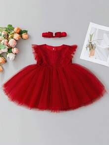 0-2岁女婴酒红色蕾丝薄纱连衣裙，生日派对服装 - 酒紅色 - 查看 1