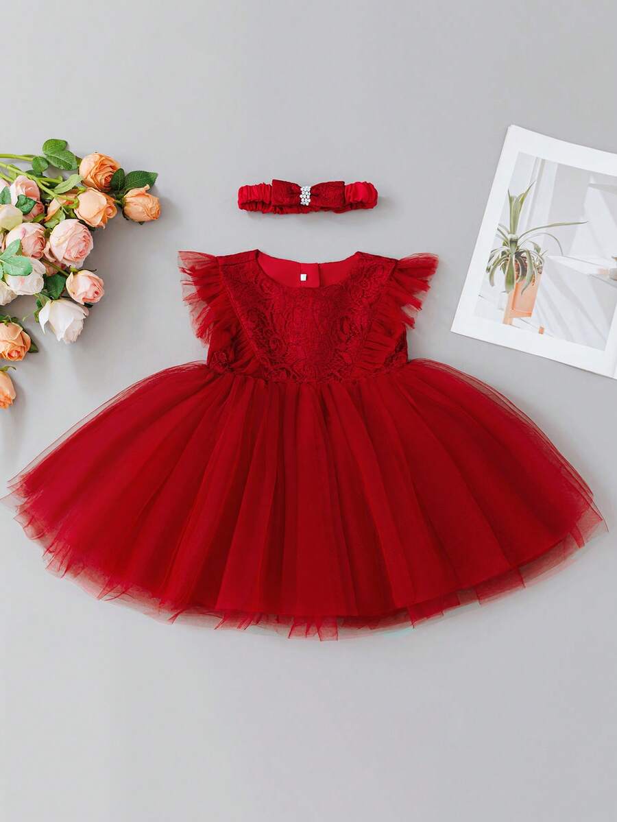 0-2岁女婴酒红色蕾丝薄纱连衣裙，生日派对服装 - 酒紅色 - 查看 1