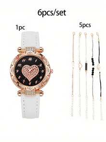 6 bucăți ceasuri rotunde cu cuarț - curea elegantă din piele PU, indicator din aliaj de zinc, cadran din aliaj de zinc și brățară bijuterii pentru femei