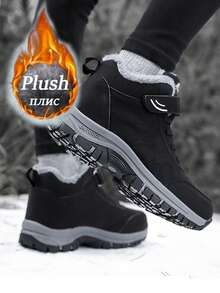1 Pair Warm Fleece Snow Boots, Men's 2025 Winter New Plus Size Elderly Shoes, High-Top Short Tube Boots, Middle-Aged Thick Warm Walking Shoes, Unisex Snow Boots Size 35-46