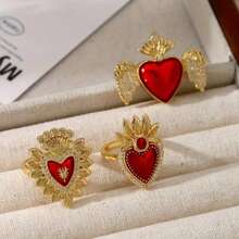 1 件哥特式夸张心形戒指，红黑镂空心形可调节戒指，女士戒指，情侣戒指，适合日常佩戴，情人节礼物 - 金色 - 查看 7