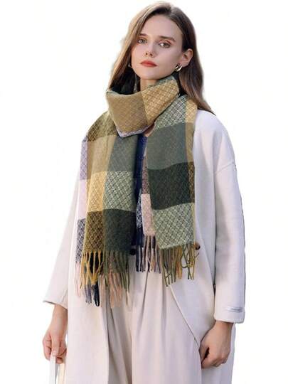 Women's Fashion Scarves Long Cashmere-Like Shawl Winter Warm Knit Large Tassel Plaid Scarf