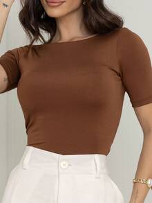 Open Back Blouse Boat Neckline Suplex  Africa Casual - 鏽棕色 - 查看 7