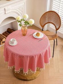 1 khăn trải bàn kẻ caro tròn màu đỏ, đường kính 59 inch, tua rua màu be, thích hợp cho dã ngoại, cắm trại, tiệc tùng, sinh nhật, đám cưới, Giáng sinh, năm mới, mọi mùa, mùa thu - Đỏ và trắng - Xem 12