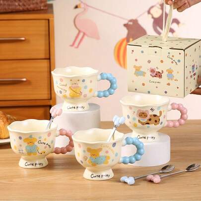 Süße Bär & Katze Design Keramik Tasse mit Löffel, Paar Kaffeetasse, Geburtstagsgeschenk für sie, Büro Kaffeetasse, Punkte Keramik Kaffeetasse - Süß minimalistisch hochästhetische Tasse mit sanften Kurven & glänzender Oberfläche, mit mehrfarbigen Punkten (Pink, Gelb, Braun) - langanhaltend wärmeisolierendes Design für Zuhause, Büro oder als Geschenk - Ideal für Kaffee, Tee