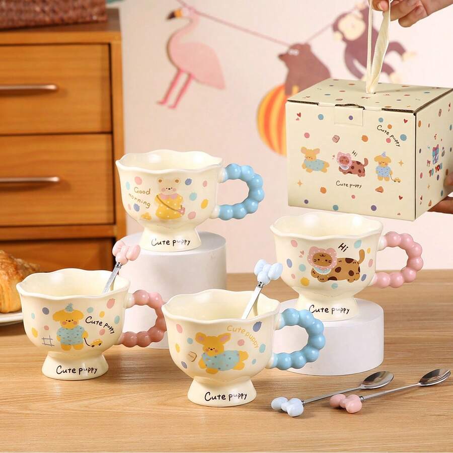 Süße Bär & Katze Design Keramik Tasse mit Löffel, Paar Kaffeetasse, Geburtstagsgeschenk für sie, Büro Kaffeetasse, Punkte Keramik Kaffeetasse - Süß minimalistisch hochästhetische Tasse mit sanften Kurven & glänzender Oberfläche, mit mehrfarbigen Punkten (Pink, Gelb, Braun) - langanhaltend wärmeisolierendes Design für Zuhause, Büro oder als Geschenk - Ideal für Kaffee, Tee