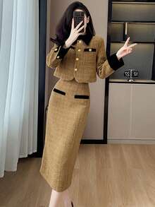 RUIWY 女士卡其色时尚翻领二合一服装厚保暖夹克和中长裙套装修身款春秋季 - 卡其色 - 查看 6