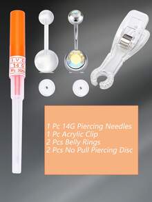 Set de 6 piezas/juegos de kit de perforación de ombligo, kit de aguja de perforación de ombligo, anillo de perforación de ombligo de calibre 14 - Naranja - Ver 8