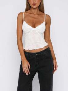 Women's Mesh Lace Cami Top Y2K Spaghetti Strap Low Cut V Neck Backless Vest Top - trắng - Xem 3