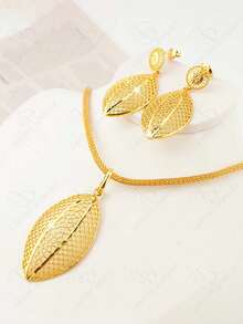 24K 镀金迪拜风格 2 件女士首饰套装，优雅花卉图案项链和耳环，适合新娘 - 金色 - 查看 6