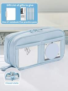 1个极简火山造型扁平180度旋转笔袋，透明大容量文具收纳盒，拉链多层分类收纳桌面立式文具袋，适合收纳铅笔、橡皮、笔记本、胶带、尺子等各种文具。适用于学校/办公室/男女生/上班族/返校礼物。附赠一本A7笔记本和五支笔。返校季，学习用品，笔袋，铅笔盒，书包