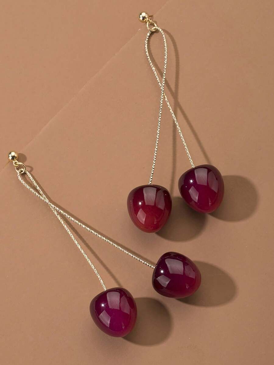 1 Pair Cherry Fruit Long Earrings, Suitable For Daily Wear - Red - View 1
