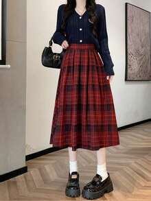 Plaid Casual Pleated High Waist Women's Skirt, Suitable For Daily Life, Photography, All Seasons - Red - View 9