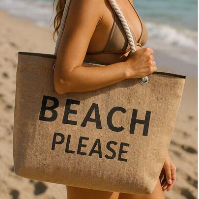 Black Beach Please Patterned Large Picnic And Beach Bag – Rope Handle – 55x36x15 Cm