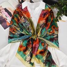 100% Mulberry Silk Scarf For Women Lightweight Long Scarves Beach Wraps Cover Up -Travel Photography Scarfhalloween - 藍綠色花卉 - 查看 8