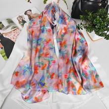 100% Mulberry Silk Scarf For Women Lightweight Long Scarves Beach Wraps Cover Up -Travel Photography Scarfhalloween - 藍色粉紅色蝴蝶 - 查看 8