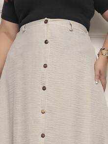 Solid Color Pleated Midi Skirt, Holiday Style, With Button Embellishments And Side Slit, Black Skirt, Plus Size G1 G2 G3 48 50 G2 - Beige - View 2