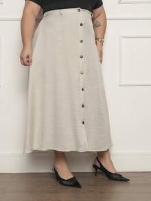 Solid Color Pleated Midi Skirt, Holiday Style, With Button Embellishments And Side Slit, Black Skirt, Plus Size G1 G2 G3 48 50 G2 - Beige - View 4