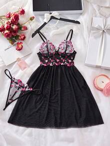 Váy ngủ hai dây ren lưới tương phản màu trơn gợi cảm cho nữ - màu đen - Xem 3